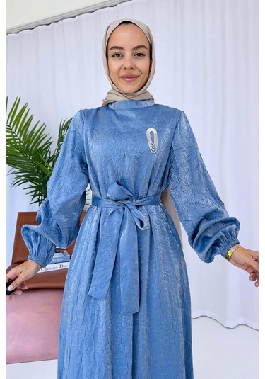 Broş Detay Elbise - Mavi