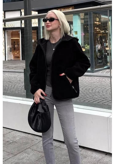 Siyah Fermuarlı Kapüşonlu Polar Kadın Ceket Mg2569 Siyah