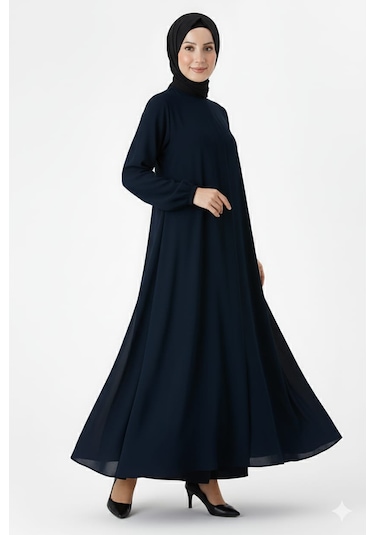 Medine İpeği Mevlana Kesim Cepli Kuşaklı Bol Ferace 4000-lacivert Lacivert