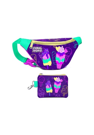 Coral High Kız Çocuk Mor Pembe Dondurma Desenli Bel Çantası Ve Bozuk Para Cüzdanı Set Çok Renkli