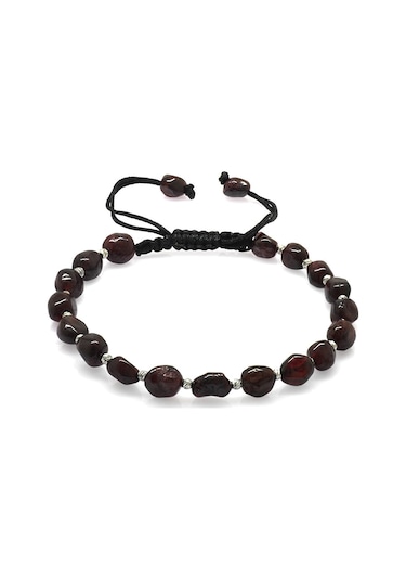 Makrome Örgülü Naturel Kesim Lal Doğaltaş Erkek Bileklik Kahverengi - Siyah