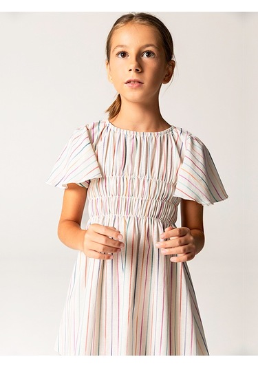 Sheshe Yarım Kollu Çizgili Pamuklu Kız Çocuk Elbise Renkli