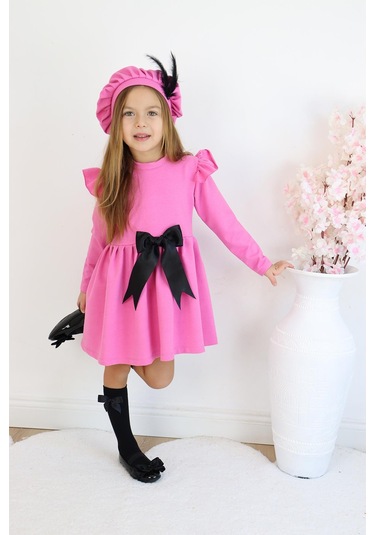 Kız Çocuk Pembe Sofia Pamuklu Fiyonk Detaylı Elbise Kep Abiye Takım Pembe