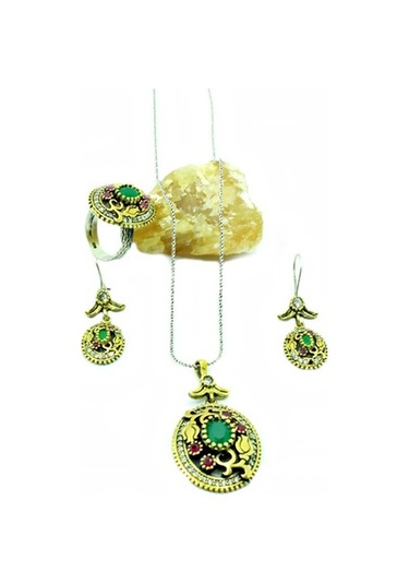 Kök Yakut Ve Zümrüt Taşlı Otantik Oksitli Gümüş Kadın Set Yüzük K