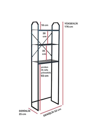 Metal Ayaklı 3 Raflı Banyo Rafı Klozet Üstü Dekoratif Raf Siyah