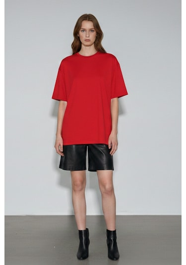 Soft&Basic Kadın %100 Organik Pamuk Oversize Fit Basic Yuvarlak Yaka T-shirt Kırmızı