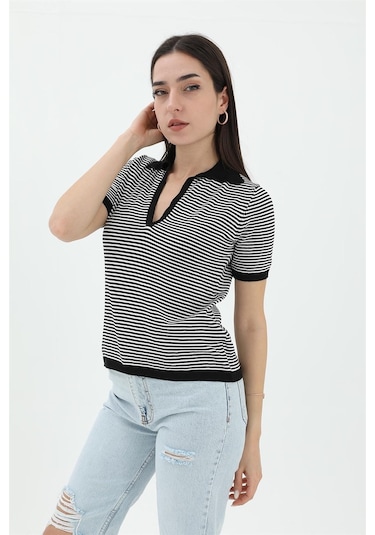 İnce Çizgili Polo Yaka Triko Kazak - Siyah - Kadın