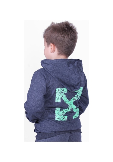 X Baskılı Kanguru Cepli Kapüşonlu Erkek Çocuk Füme Sweatshirt Füme