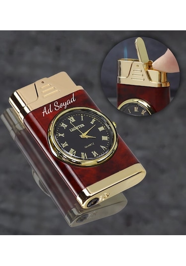 Kişiye Özel Işıklı Saatli Çakmak Kahverengi