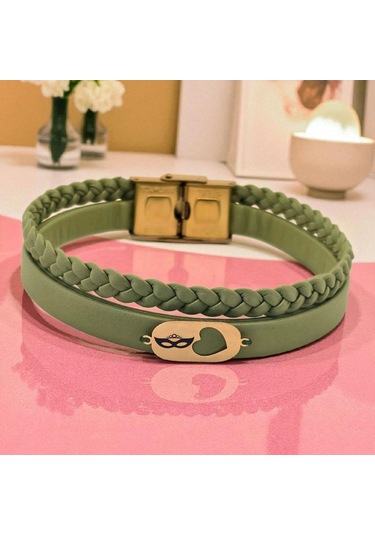 Archin Bal Maske Temalı 14 Ayar Altın Plakalı Zeytin Yeşili Derili Kalp Motifli Hediye Bileklik-556sembol Bal Maske