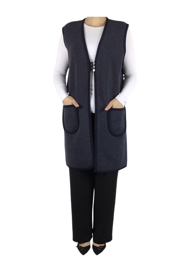 Kadın Desenli Üç Düğmeli Kalın Kışlık Yelek Lacivert