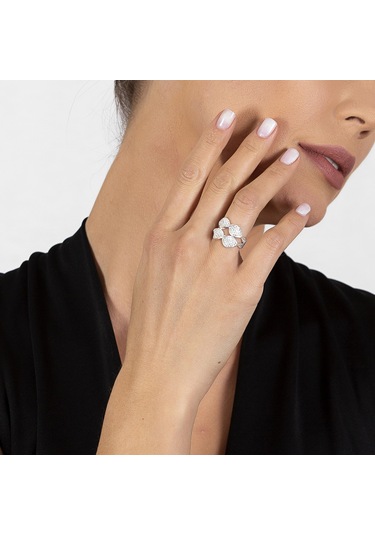 Zirkon Taşlı Çift Sıra Yaprak Tasarım 925 Ayar Gümüş Kadın Yüzük Beyaz