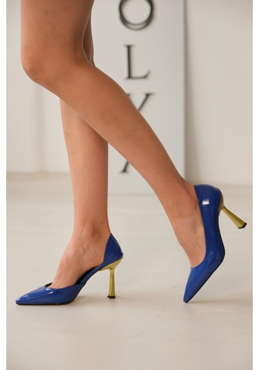 Scarlet Saks Mavi Kırışık Rugan 8cm Topuk Boyu Günlük Kullanım Stiletto Saks Mavi