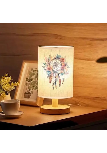 Willowhaven 24x10 Dreamcatcher Masa Lambası Usb Güçlü Çiçek Desenli Nordic Ahşap Taban Yatak Odası Ofis Dekor Hediye Füme