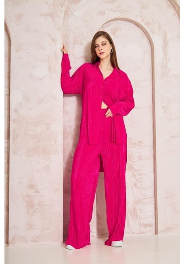 Kadın Pliseli Beli Lastikli Pantolon Tunik Gömlek Ikili Bürümcük Salaş Takım 3573300 Fuşya