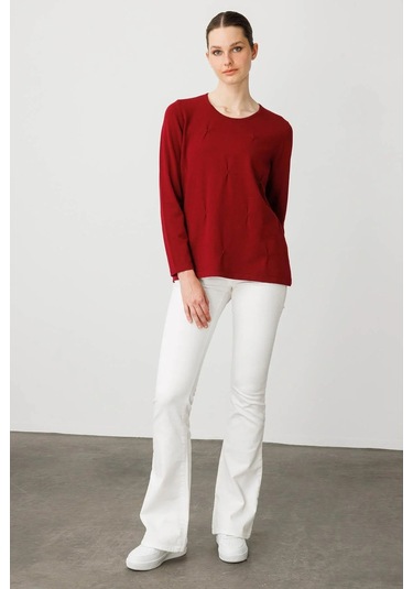 Desen Triko Kadın Sıfır Yaka Önü Pileli Boncuklu Ligralı Bluz 25095 Vişne Çürüğü Vişne Çürüğü