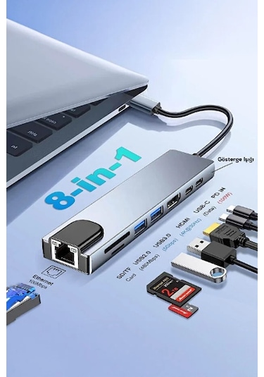 River World Çoklayıcı Ve Dönüştürücü 8 Port Type-c Girişli