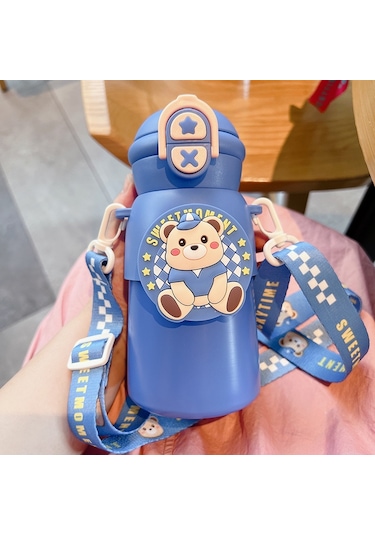 Tuomeng Karikatür Sevimli Çocuk Termos Bardak Açık Taşınabilir Öğrenci Anti-sonbahar Bebek Su Bardağı Gök Mavisi