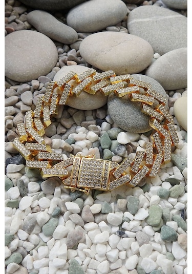 Chavin 15 Mm. Gold Kalın Taşlı Alloy Erkek Bileklik Ek19Sr Sarı