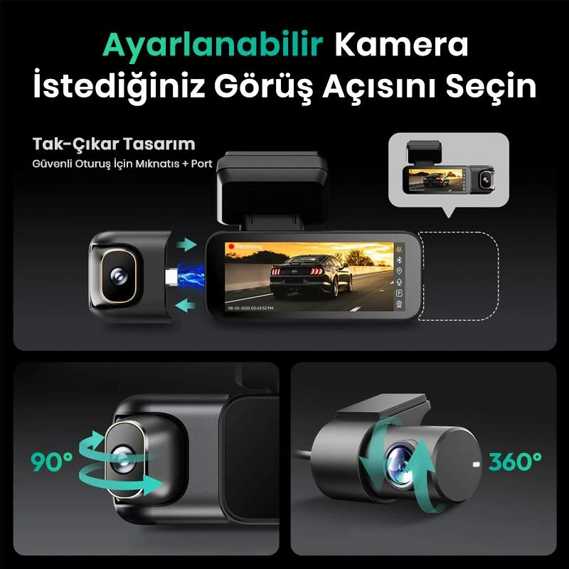 360+ Botslab G980h Pro 4k 3 Kameralı Wifi+gps Akıllı Araç İçi Kamera +170 Geniş Açı+süper Kapasitör+sesli Kontrol+gece Görüşlü 128gb Hafıza Kartı Hediyeli