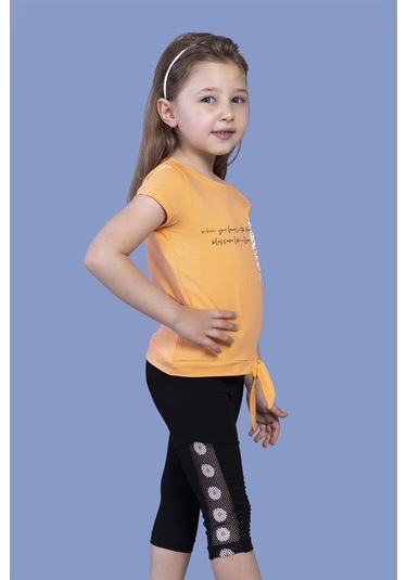 Toontoy Kız Çocuk Papatya Desenli Baskılı Taytlı Takım Turuncu