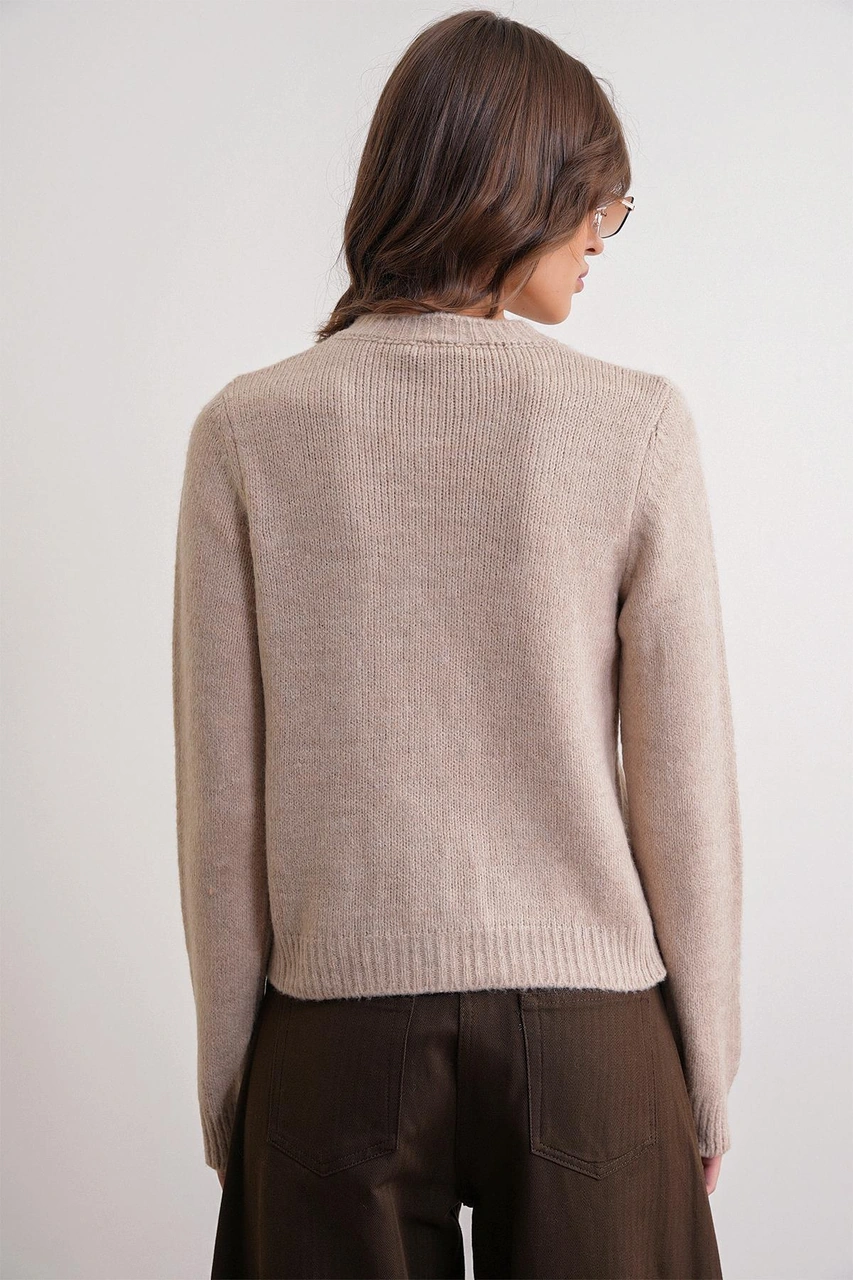 6951 Kadın Bisiklet Yaka Düğmeli Triko Kısa Hırka Bej Bej