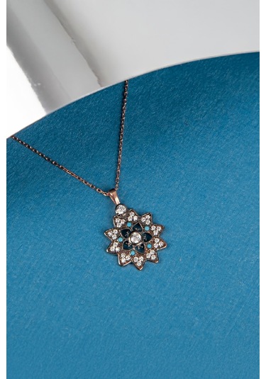 Firuze Ve Zirkon Taşlı Kalem Rodajlı Çiçek 925 Ayar Gümüş Bayan Kolye - 50 CM