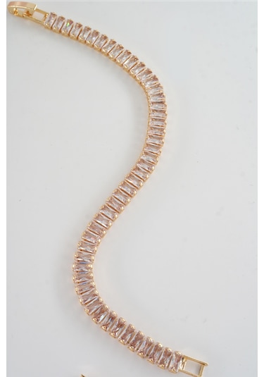 Kadın 316 L Çelik Vip Seri Antialerjik Baget Zirkon Taşlı Su Yolu Bileklik Ölçüleri 17cm + 3 Cm Uzatma 6 Mm Taş Boyutu-5213 Altın