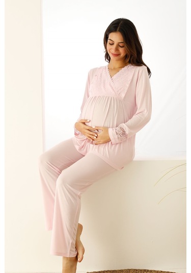 Premium Kutulu Emzirme Bölmeli Dantelli Hamile Lohusa Pijama Takımı Açık Pembe