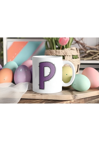 P Harfi Mor Puantiyeli Kupa Bardak - Polka Dot Tasarım Kahve Çay Bardak - Kişiye Özel Hediyelik Beyaz