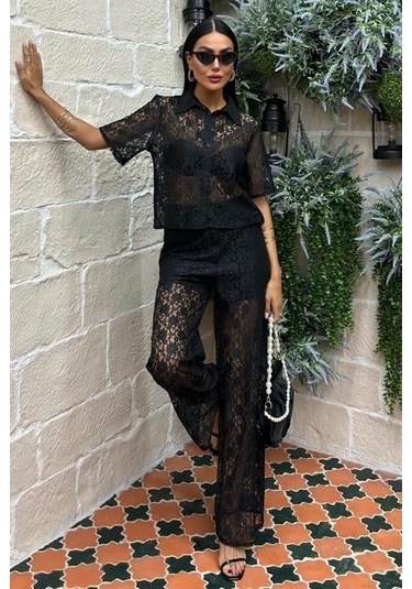 Pantolonu Astarlı Dantel İkili Takım 10119 Si Yah