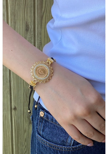 Zümrüt Sarraf 22 Ayar Altın Bayan Siyah İpli Çeyrekli Bileklik