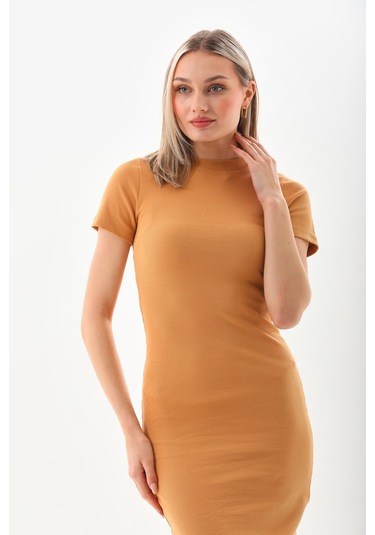 Hardal Kısa Kollu Diz Altı Fitilli Esnek Kalem Elbise - 130 Cm Hardal