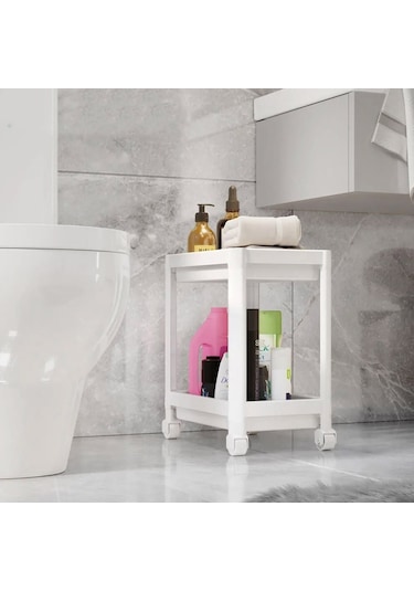 2 Katlı Tekerlekli Mutfak Tezgah Altı, Deterjanlık - Al4696 Beyaz