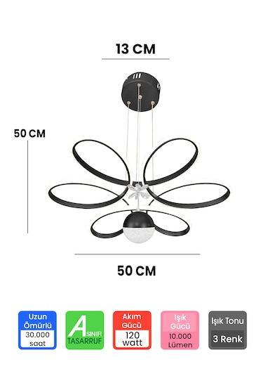 Ransom 3 Renk Toplu Kelebekli Kumandalı Papatya Salon Led Avize Siyah