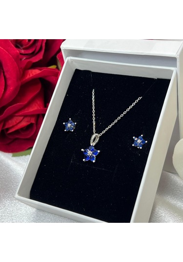 Safir Mavisi Çiçeği Kadın 2'li Set 925 Ayar Gümüş Rodyumlu Zirkon Taşlı Gümüş