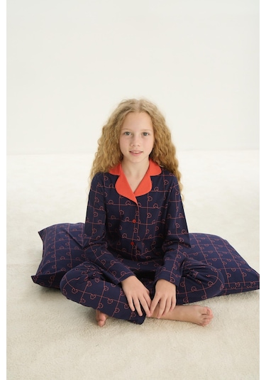 Sevim Kız Çocuk Uzun Kol Gömlek Yaka Önden Düğmeli Lacivert Pijama Takım C0t1n7o8 001