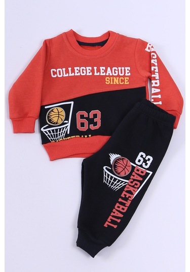 Erkek Bebek 3 İplik Eşofman Takımı Basketbol Baskılı A45 Kiremit