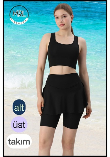 Kadın Siyah Takım Alt - Üst Biker Şort Diz Üstü &crop Bra Ped Destekli Denizde Havuzda Sporda Siyah