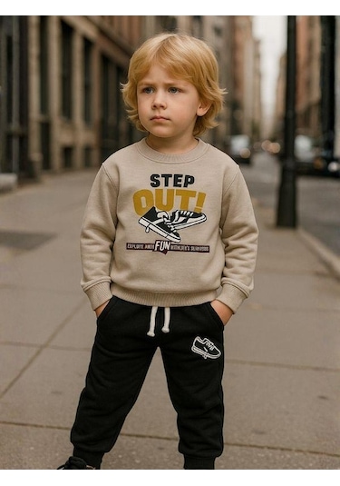 Zekids Erkek Çocuk Pamuklu Step Out Baskılı Eşofman Takımı-16348 Taş
