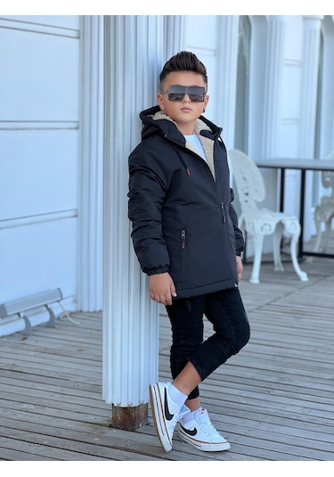 Erkek Çocuk Kapüşonlu İçi Kürklü Mont Km3050 Siyah