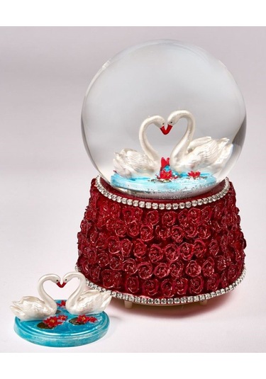 Kar Küresi Gonca Buket Büyük 100 Mm El Boyaması, Müzikli Kendinden Üflemeli, Kuğu