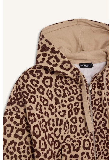 Defacto Coool Loose Fit Leopar Desenli Kapüşonlu Fermuarlı Sweatshirt E0780AX24WNBG389 Bej