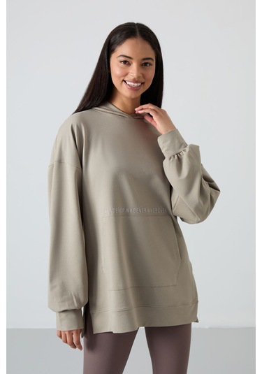 Tommy Life Koyu Bej Balon Kol Yazı Nakışlı Kadın Oversize Tunik Sweatshirt - 97163 Koyu Bej