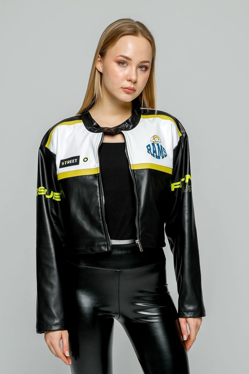 Kadın Oversize Baskılı Deri Şeritli Motorcu Montu Kısa Fermuarlı Yarışçı Ceketi Bomber Kolej Mont Sarı