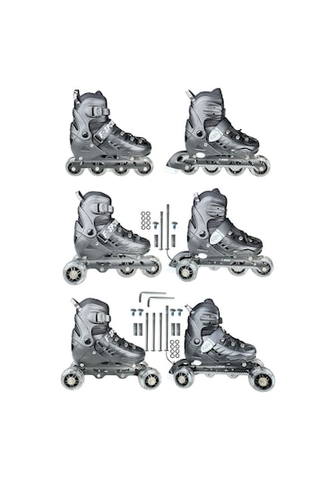 Black Seri Tek Teker Işıklı Paten Koruma Seti 2+2 Çocuk Pateni Taşıma Çantalı 3 İn 1 Siyah