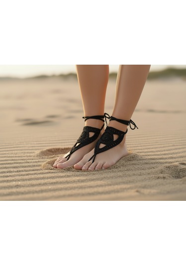 Boho Stil Barefoot Sandal El Yapımı Siyah Ayak Aksesuarı Çift
