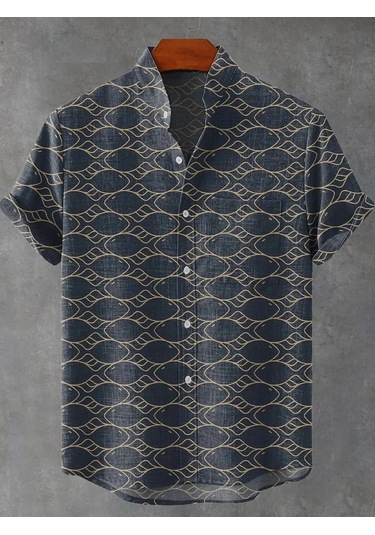 Snapbuy Retro 3d Sanat Baskılı Çizgili Balık Desen Keten Erkek Gömlekgreen Green