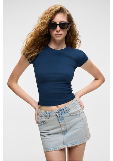 Grimelange HOPEWELL Kadın Yuvarlak Yaka Örme Slim Fit Lacivert T-Shirt