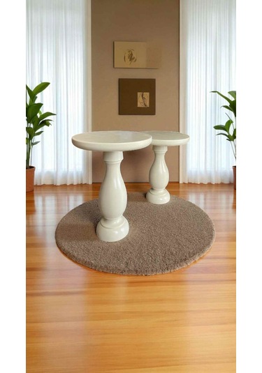 Krem Ahşap Mantar Sehpa 2 Li Set Minimalist Yan Sehpa Takımı